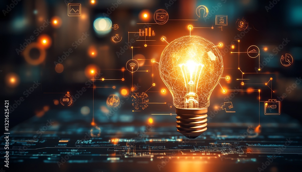 A shining light bulb symbolizing innovation, surrounded by icons of artificial intelligence, blockchain, and creative brainstorming, illuminated on a modern techstyle interface A shining light bulb symbolizing innovation, surrounded by icons of artificial intelligence, blockchain, and creative brainstorming, illuminated on a modern techstyle interface