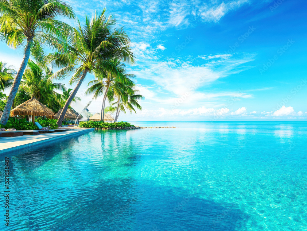 Fototapeta premium Tropical paradise with calm waters and palm trees under blue skies