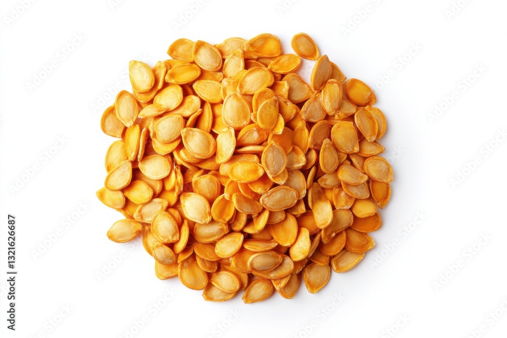 Pile of pumpkin kernels, top view, isolated on white background, high contrast, commercial product photography Pile of pumpkin kernels, top view, isolated on white background, high contrast, commercial product photography
