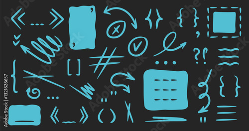 Doodle blue shapes, text box, parenthesis, brackets, punctuation mark, comma, squiggle arrow, lines, rectangle frames for social media. Black abstract isolated design elements. Speech bubble blobs for