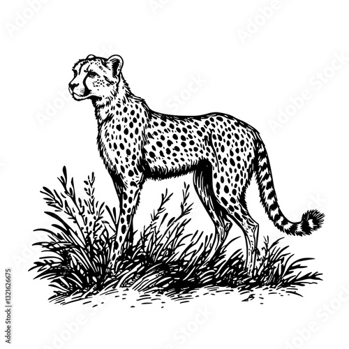 Elegant cheetah roaming through lush grasslands, captured in a beautifully crafted engraving style suitable for tattoos and packaging designs