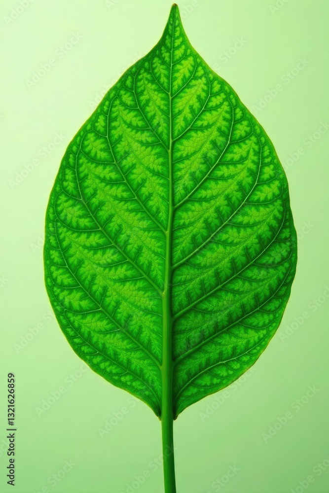 Obraz premium Green leaf with prominent veins and stem texture, nature, earthy, botany