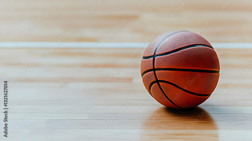 Obraz premium A Textured Orange Basketball Rests On A Polished Hardwood Court In A Well-Lit Indoor Sports Arena With White Lines