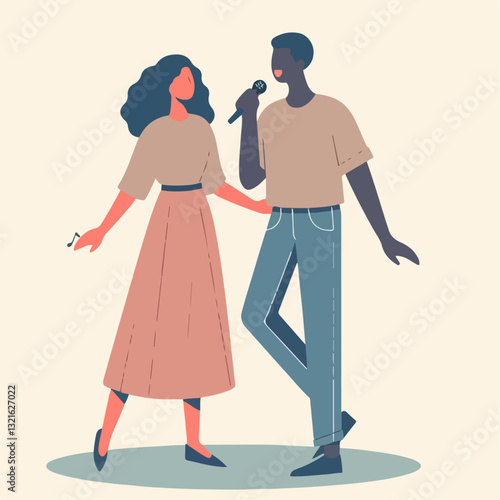 cartoon illustration of couple singing together