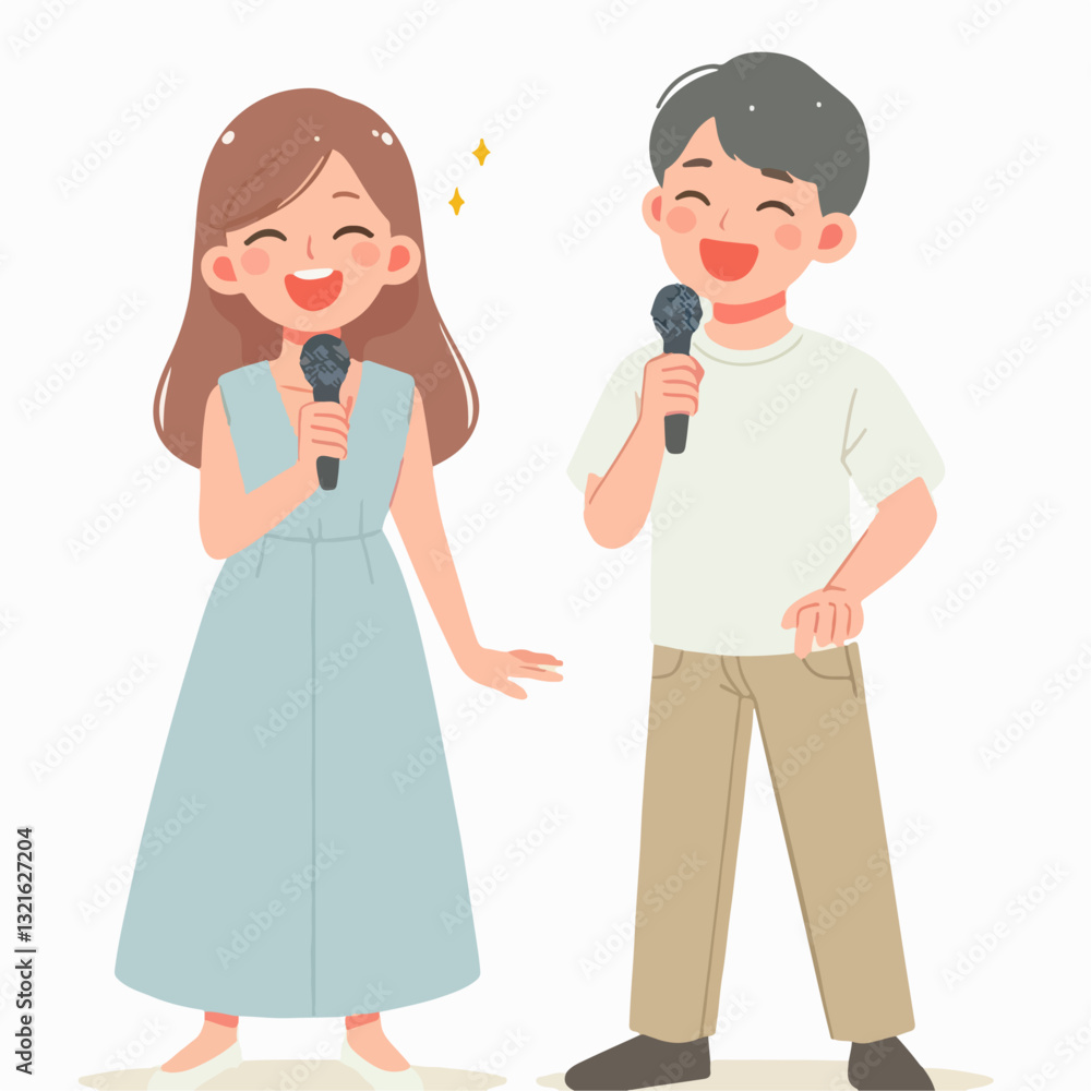 cartoon illustration of couple singing together cartoon illustration of couple singing together