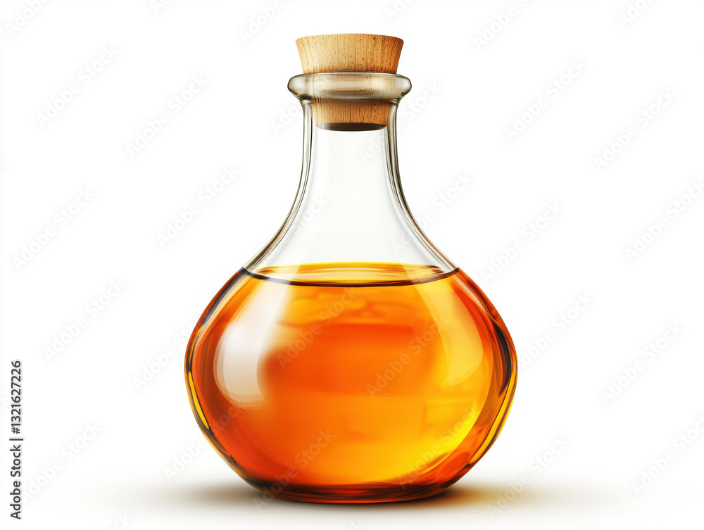 Elegant glass bottle filled with amber liquid on white background Elegant glass bottle filled with amber liquid on white background