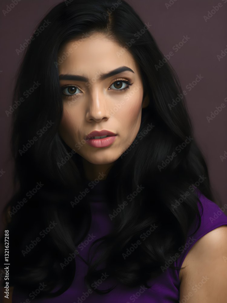 Intensidad en la mirada con un vestido morado y contrastes bien definidos. Intensidad en la mirada con un vestido morado y contrastes bien definidos.