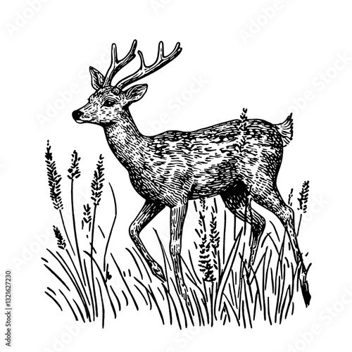 Intricate engraved illustration of a majestic deer roaming through lush grasslands at twilight