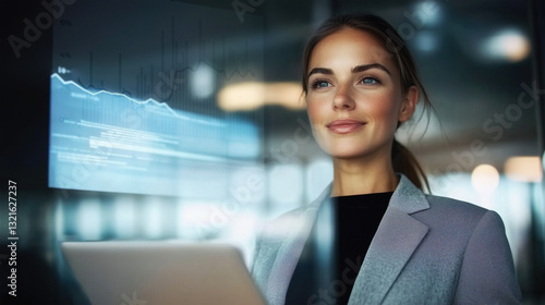 Businesswoman analyzing financial data on virtual screen. Professional female executive in office environment, focusing on digital chart. Data visualization, business analytics, decision making
