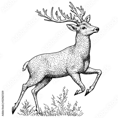 Engraved vector illustration of a graceful deer in motion, perfect for tattoo designs and packaging aesthetics in nature themes