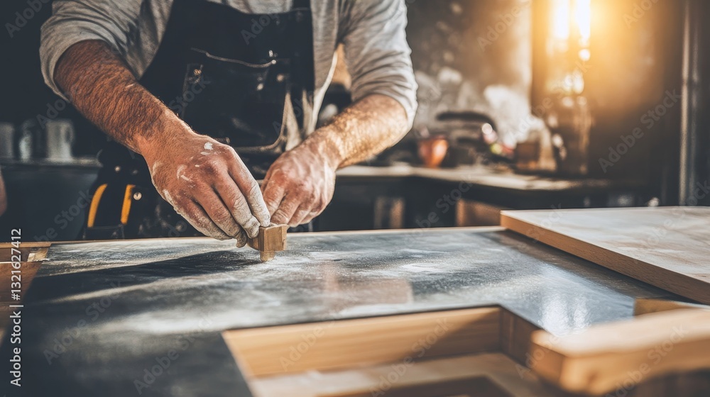 Woodworker carefully smoothing wooden piece in workshop. Woodworker carefully smoothing wooden piece in workshop.