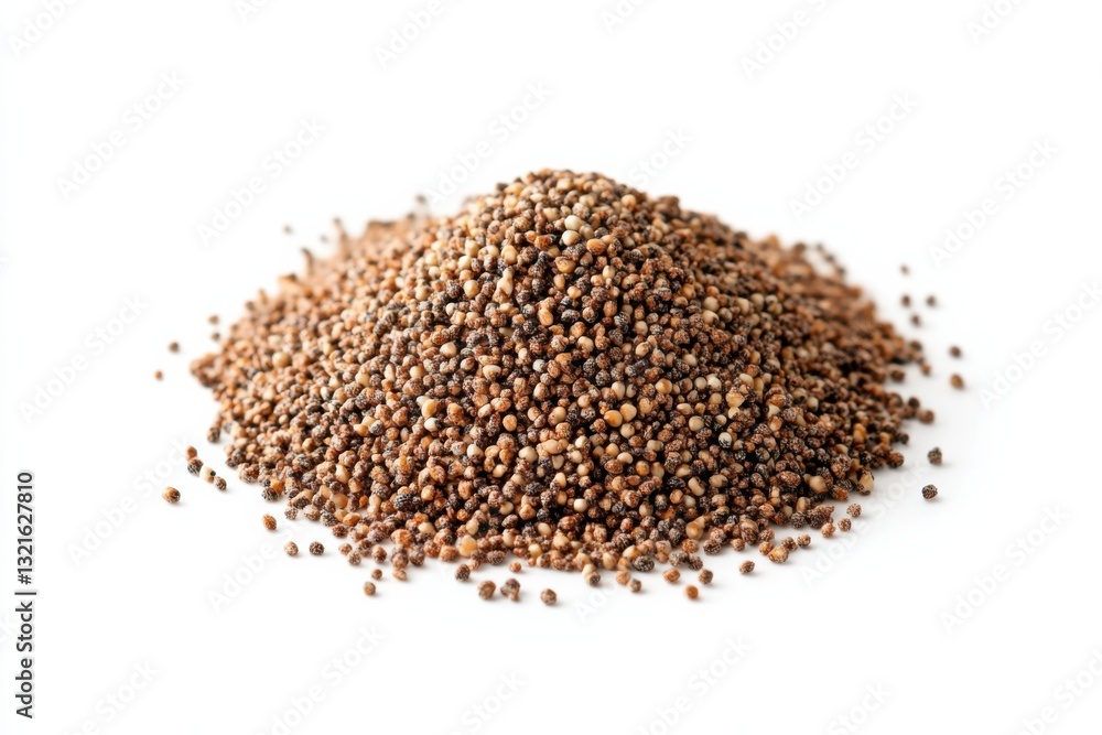 Pile of rye grains, top view, isolated on white background, high contrast, lifelike accuracy, commercial product photography Pile of rye grains, top view, isolated on white background, high contrast, lifelike accuracy, commercial product photography