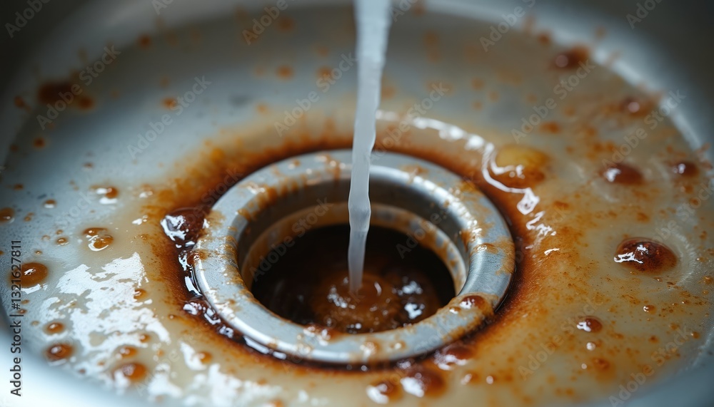 Fototapeta premium Close-up shot of clogged kitchen sink drain with food particles stuck on metal pipes, slow flowing water. Plumbing issues, cleaning problems, greasy blockage, dirty sink concept.