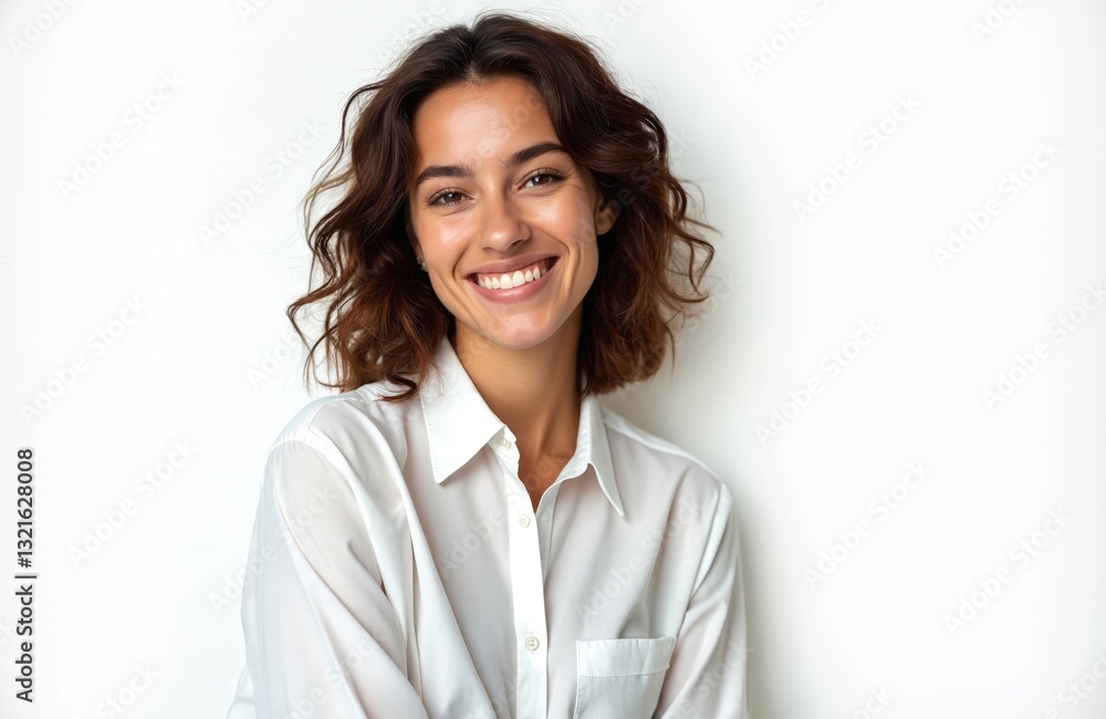 Close-up portrait of young brunette woman with happy smile. Beautiful model posing in white shirt, isolated on white background. Pro studio headshot. Promotes joyful mood, business, success, Close-up portrait of young brunette woman with happy smile. Beautiful model posing in white shirt, isolated on white background. Pro studio headshot. Promotes joyful mood, business, success,