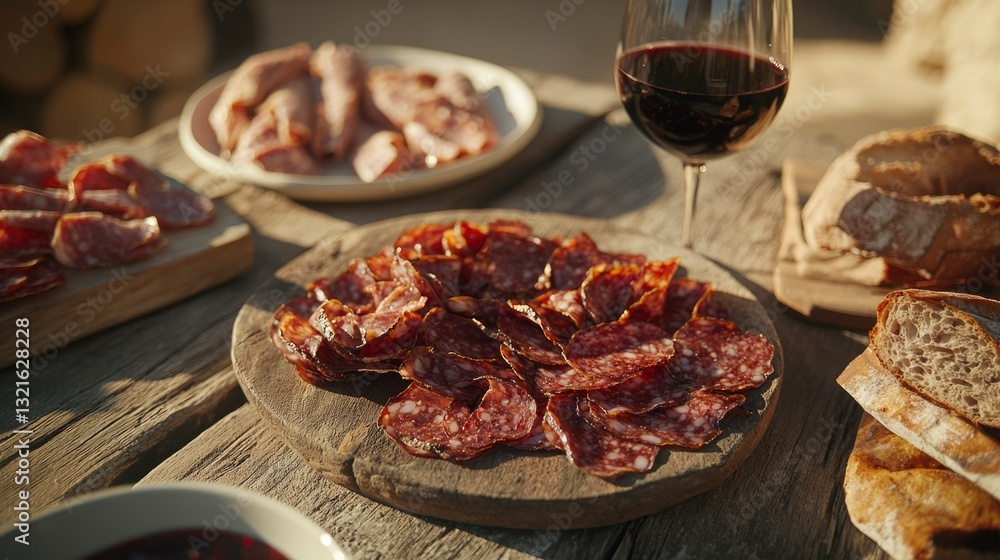 Sliced cured meats and bread on a wooden table with wine Sliced cured meats and bread on a wooden table with wine
