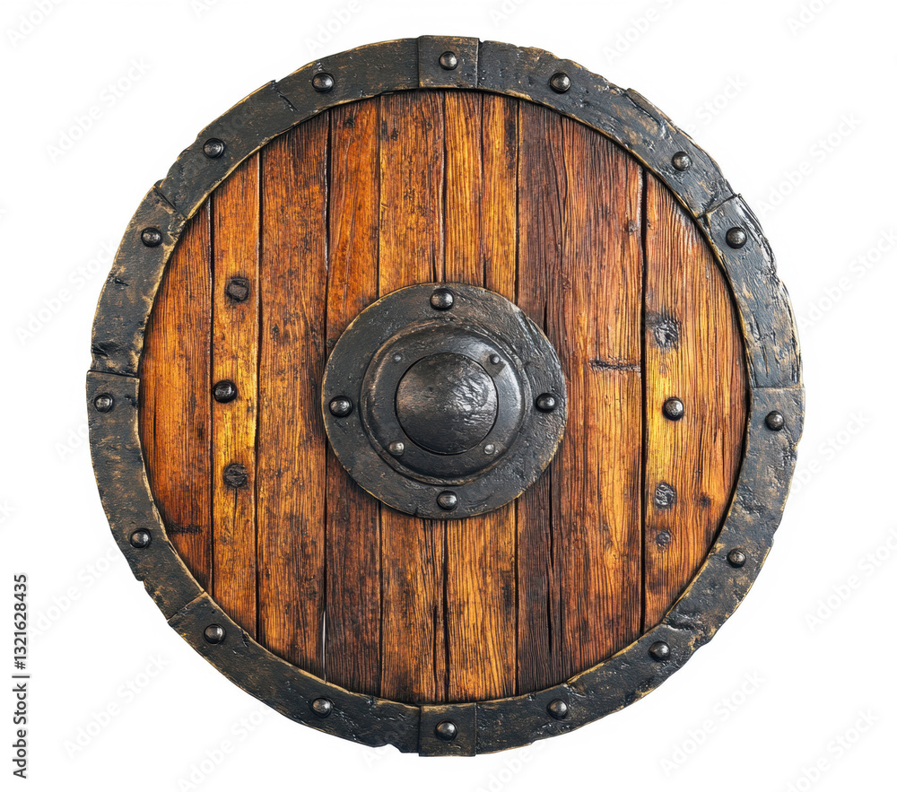 Wooden shield with metal accents used in historical reenactments Wooden shield with metal accents used in historical reenactments