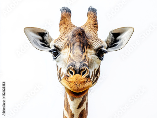 Giraffe with expressive face against white background photo