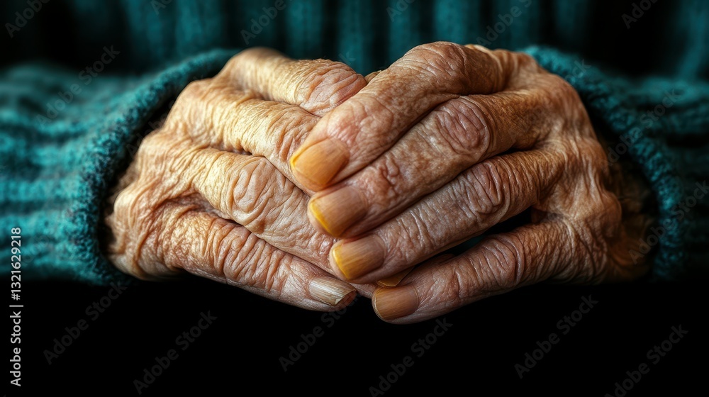 Fototapeta premium Old hands rest together on a table, revealing wrinkles and unique textures. The warm light gently illuminates the scene, suggesting a moment of contemplation in a cozy indoor space