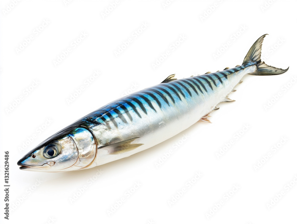 Vibrant mackerel fish displayed on a white background Vibrant mackerel fish displayed on a white background