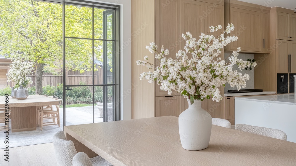 Fototapeta premium Light-filled interior showcases a stylish desk with cabinets and a round mirror, creating a serene workspace atmosphere