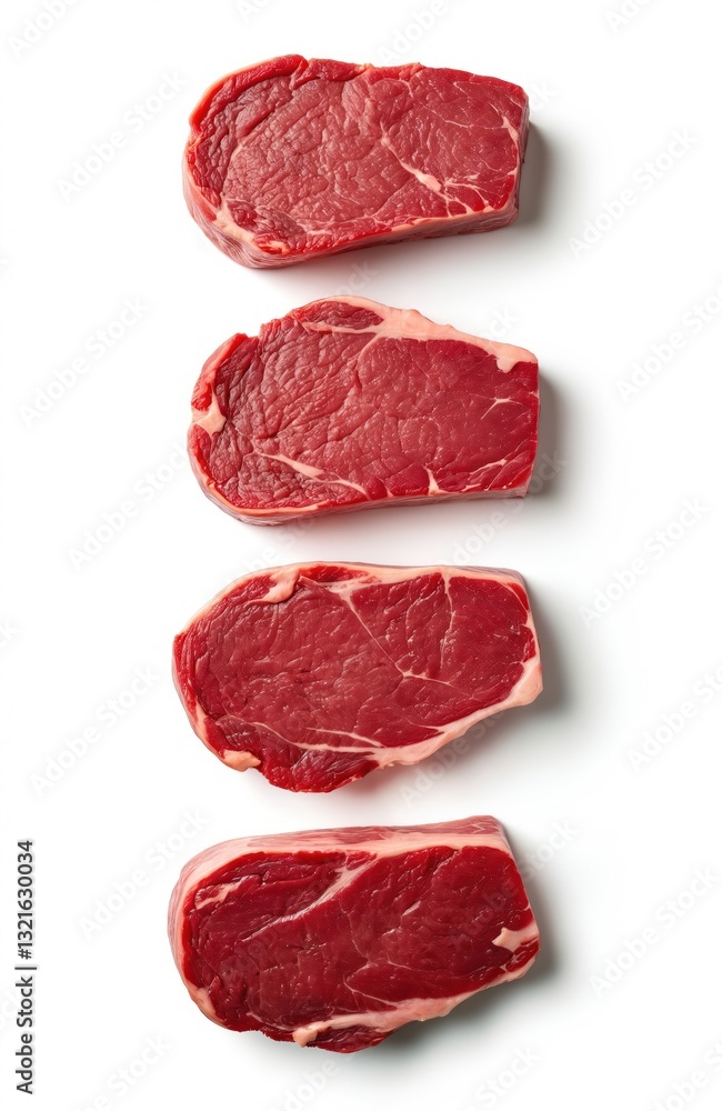 Four raw beef steaks lie in row on pure white background. Sirloin steak cut is ideal for grilling, frying. Fresh uncooked red meat rich in protein. Butcher shop assortment. Four raw beef steaks lie in row on pure white background. Sirloin steak cut is ideal for grilling, frying. Fresh uncooked red meat rich in protein. Butcher shop assortment.