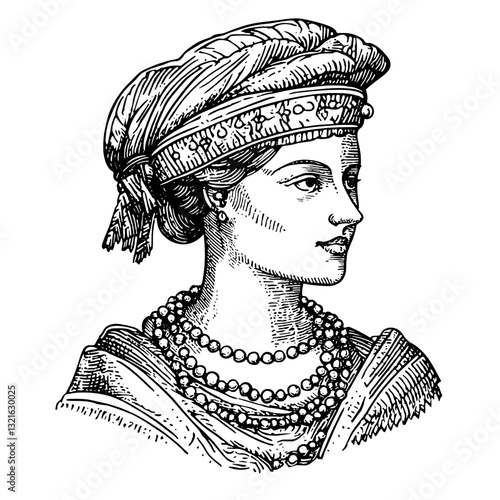 Intricate engraving of a regal woman adorned with pearls and a decorative headpiece for unique tattoo and packaging design