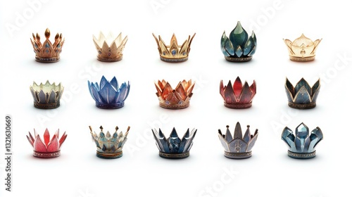 Miniature Crowns Collection Against White Background. Possible Use Stock Photo