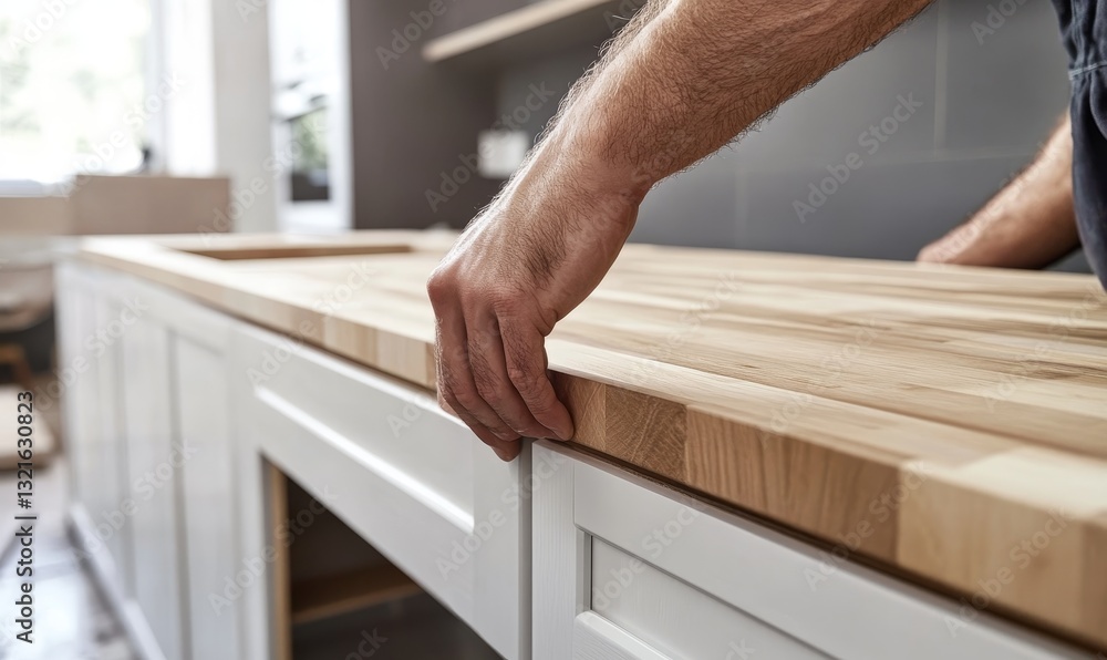 Installing new light wood kitchen countertop. Installing new light wood kitchen countertop.