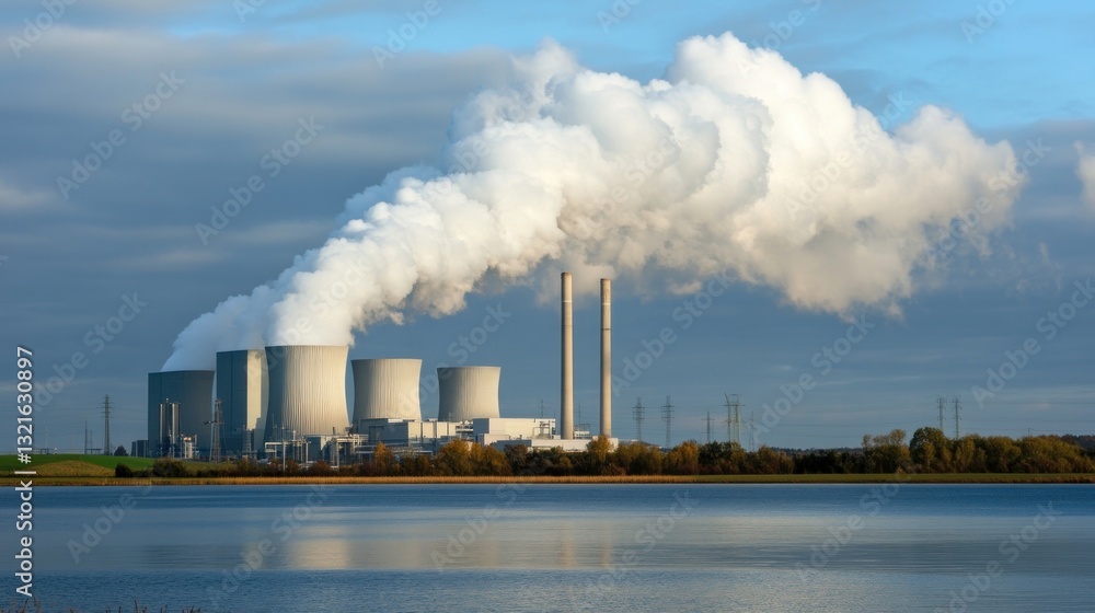 Panoramic view of a power plant complex across a serene water body Panoramic view of a power plant complex across a serene water body