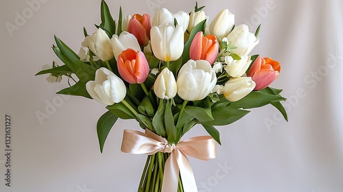 A delicate bouquet of white and pastel tulips tied with a satin ribbon against a neutral backdrop.