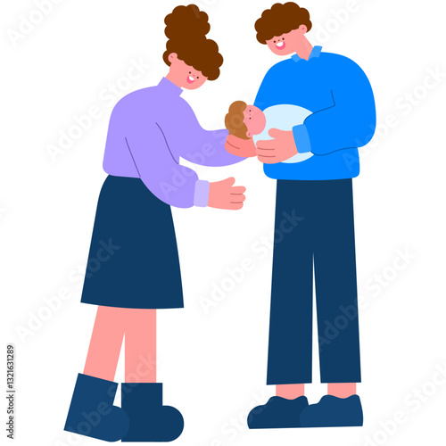 happy parents caring for their newborn, family bonding flat vector illustration