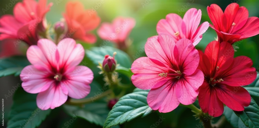 Obraz premium Pink and red geranium flowers intertwined with green stems, floral, blooming flowers
