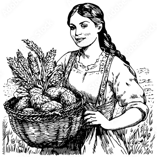 Harvesting bounty in a rustic landscape featuring a woman with a woven basket of produce