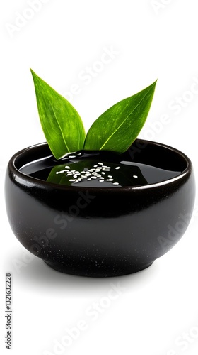 Umi budo sea grapes seaweed garnished with a leaf and served in a bowl with a complementary dipping sauce