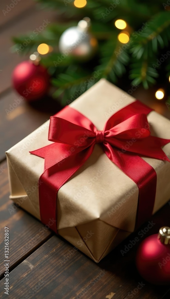Present wrapped in brown paper with a red bow, christmas present, seasonal, twine Present wrapped in brown paper with a red bow, christmas present, seasonal, twine