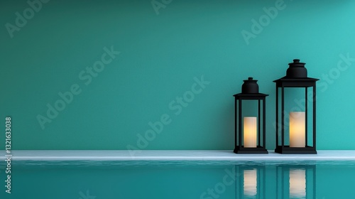 Wallpaper Mural Elegant Lanterns in Modern Setting with Calm Water Reflection and Teal Background Torontodigital.ca