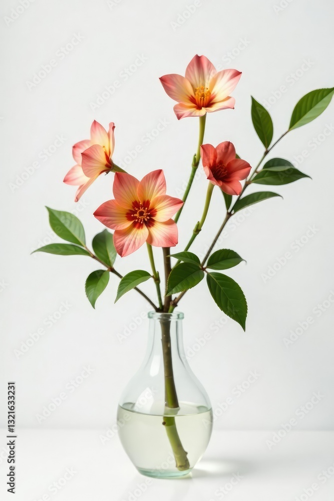 Single branch with flowers and leaves in a vase on white background, natural, branch, leaf Single branch with flowers and leaves in a vase on white background, natural, branch, leaf