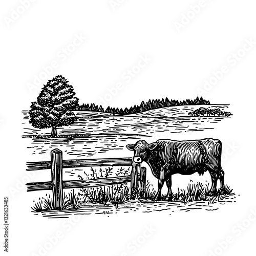 Engraved illustration of a cow in a serene pasture with a wooden fence under a tree