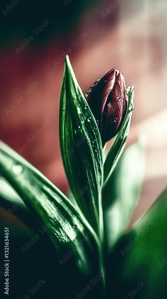 Obraz premium A single red flower with green leaves
