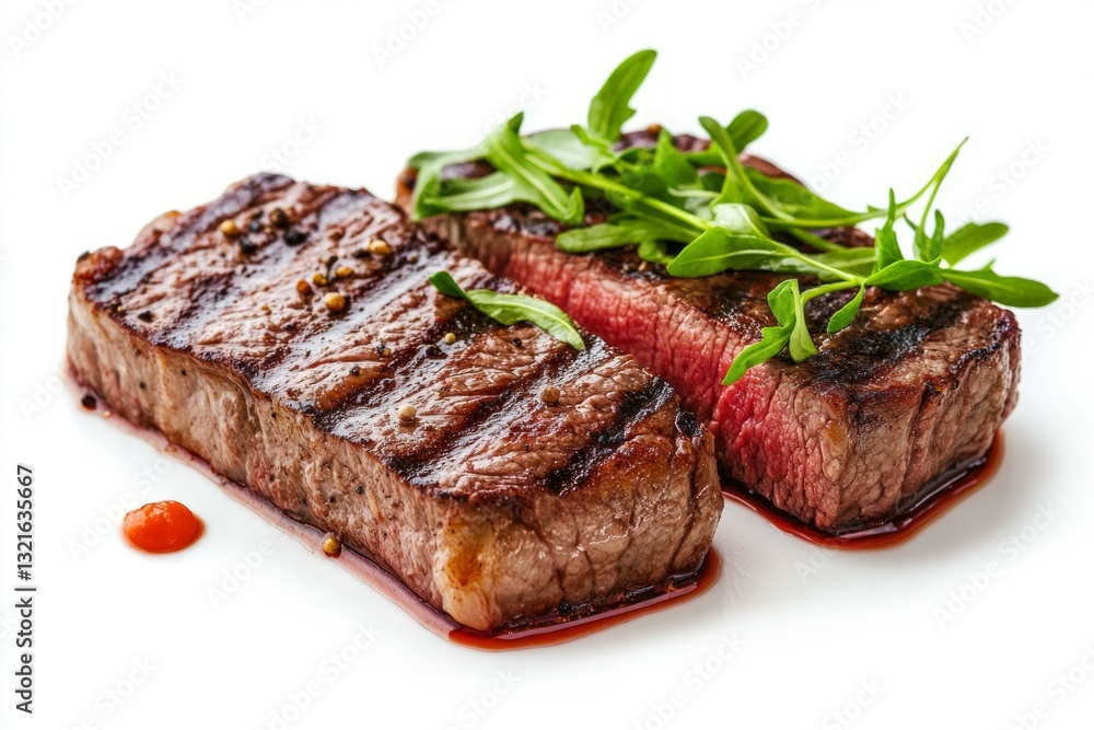 Juicy grilled steak with rosemary and peppercorns on white background. Neural network AI generated Juicy grilled steak with rosemary and peppercorns on white background. Neural network AI generated