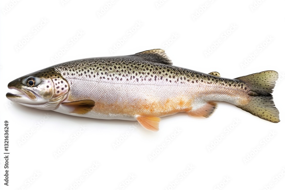 Raw trout fillet on white background, top view, high contrast, commercial food photography Raw trout fillet on white background, top view, high contrast, commercial food photography