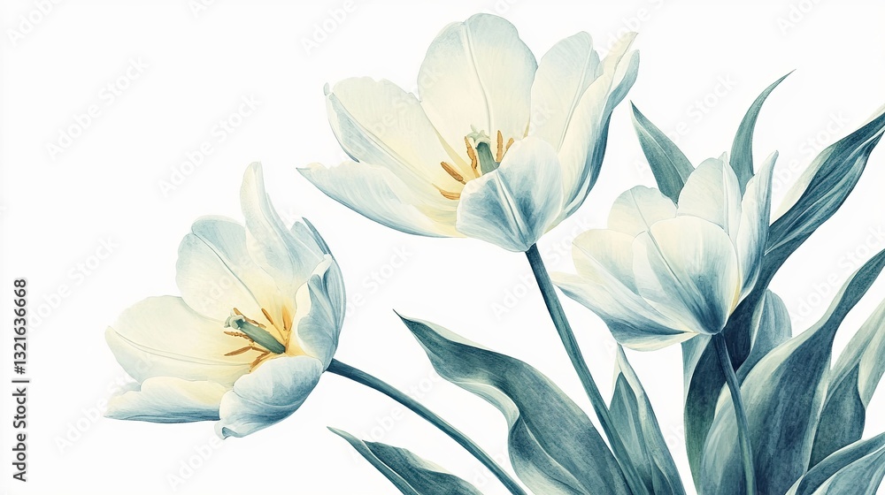 Obraz premium Elegant white tulips with soft petals and delicate leaves on a light background