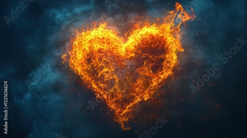 Bright flames create a heart shape against a blue smoky background. The fiery display symbolizes love and passion, captivating viewers with its intensity and beauty