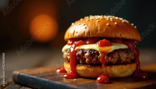 Spicy tomato sauce and melted mozzarella on a fired burger patty, fire, burger, spicy