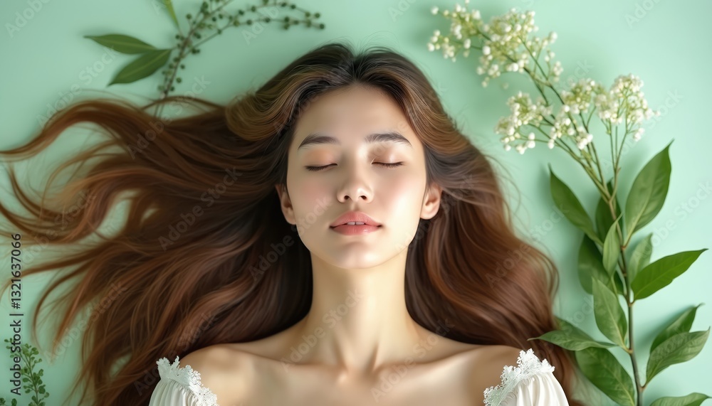 Naklejka premium Portrait of young woman with long hair on pastel green background. Flowers, green plants around face, fresh skin. Calm serene facial expression, natural beauty, wellness and youth concept.