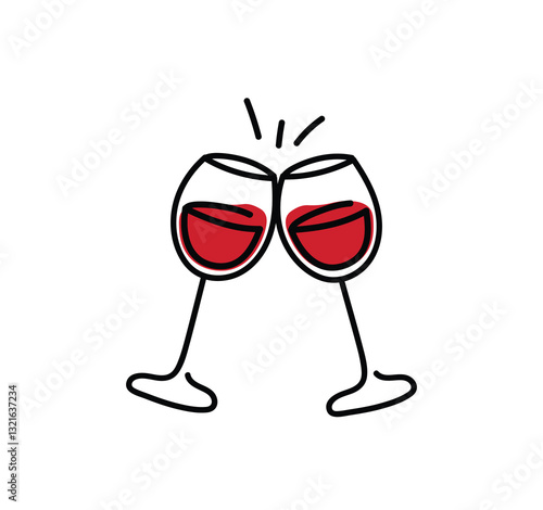 Two glasses of red wine tilted clinking glasses festive toast Red wine line in doodle retro style