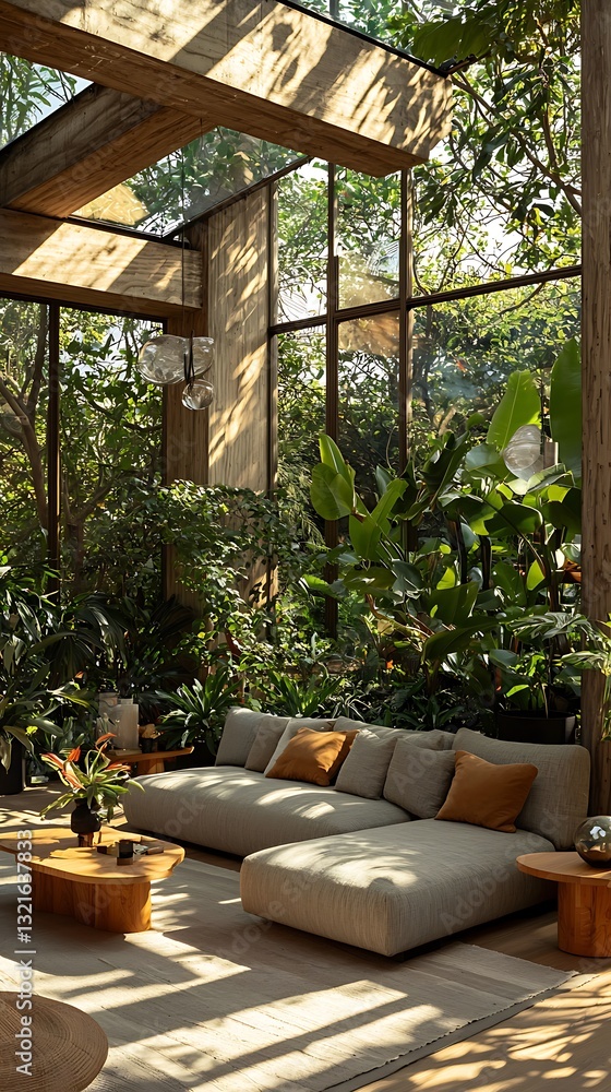 Fototapeta premium Modern Living Room with Lush Greenery and Natural Light