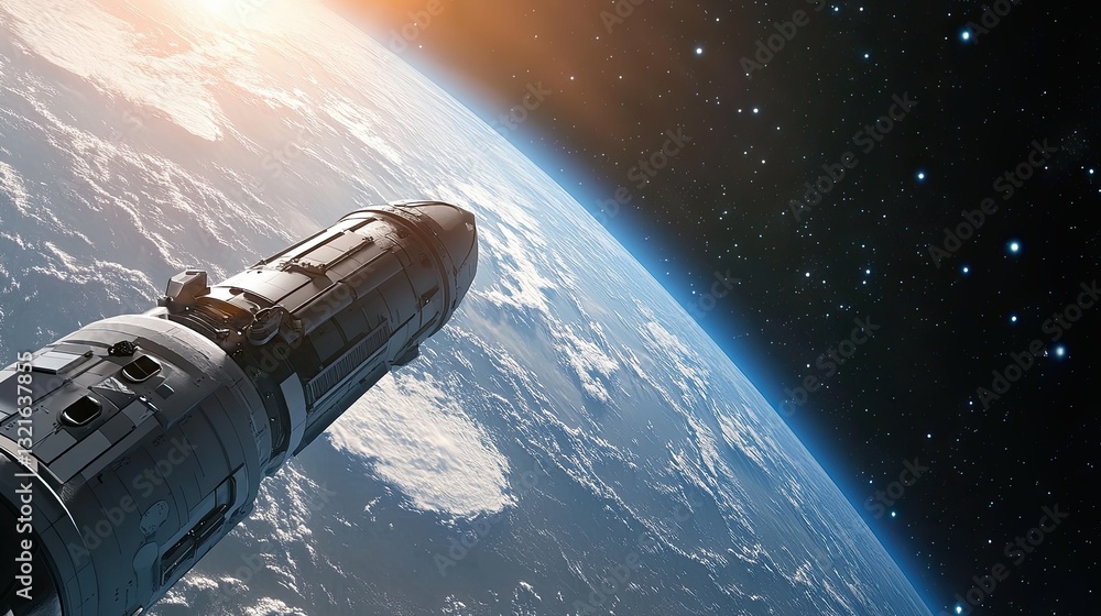 Fototapeta premium Spacecraft orbiting Earth with sunlight reflecting on its metallic surface
