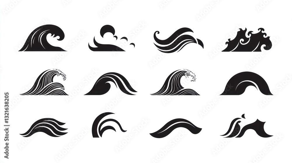 Set of stylized ocean wave silhouettes. Possible use Design element, graphic art Set of stylized ocean wave silhouettes. Possible use Design element, graphic art