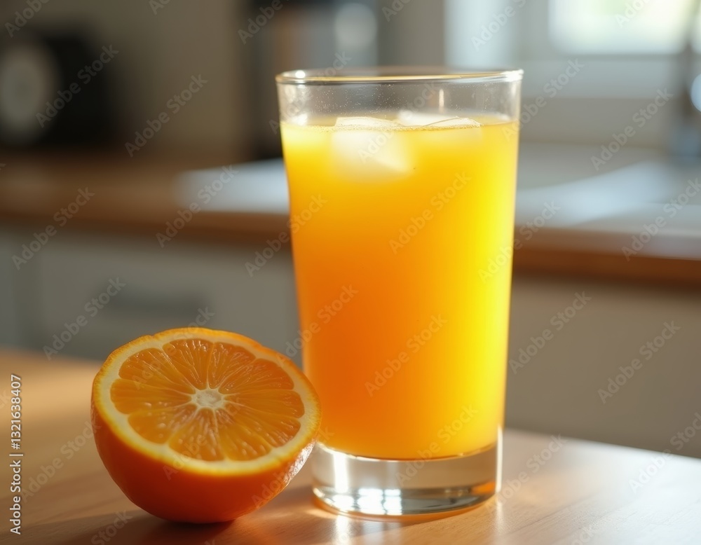 Refreshing glass of freshly squeezed orange juice accompanied by a halved orange on a modern kitchen counter for a healthy and invigorating start to the day Refreshing glass of freshly squeezed orange juice accompanied by a halved orange on a modern kitchen counter for a healthy and invigorating start to the day